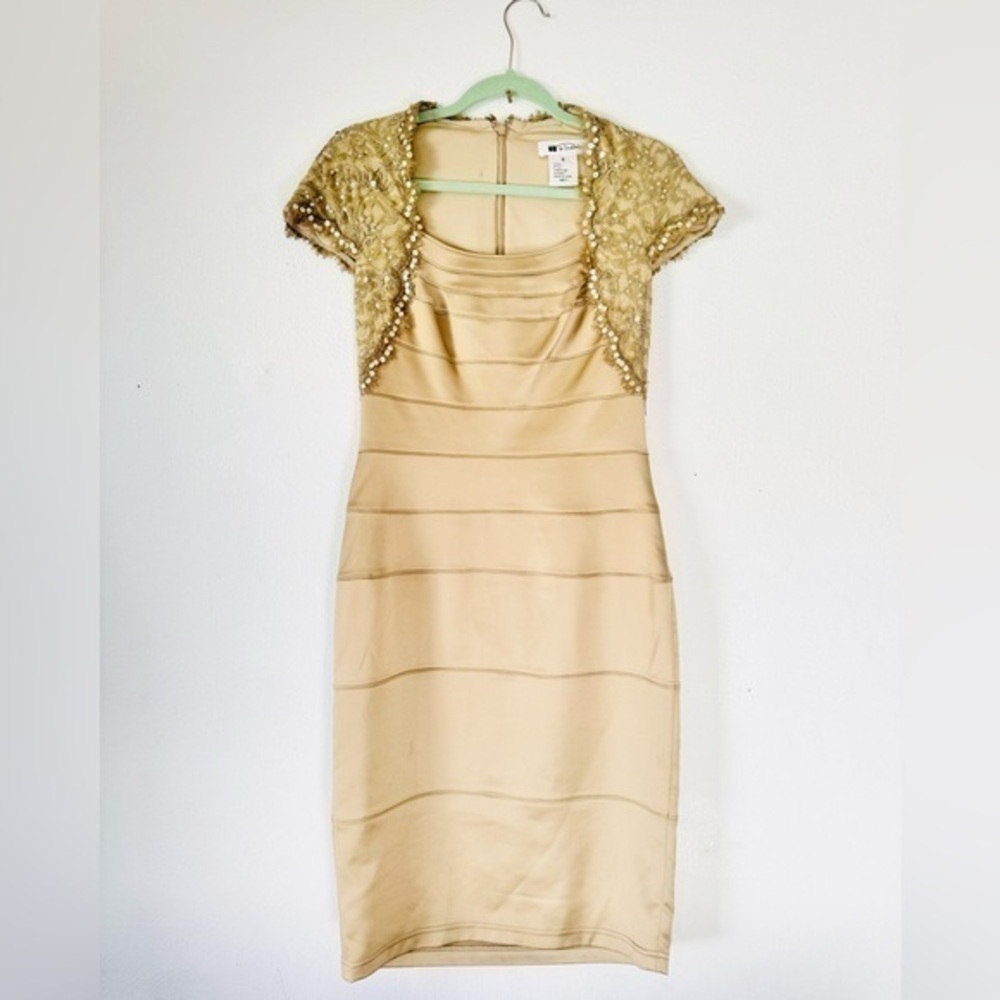 T by Tadashi Shoji Elegant Gold Dress with Lace and Sequin Details